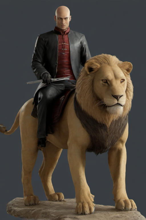 06625-1306109855-masterpiece,high quality,_ _lora_PE_Hitman47_0.8_  PEHitman,_riding a lion,sitting on a lion.png